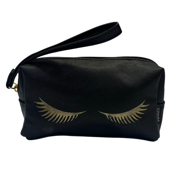 SEPHORA Makeup Cosmetics Travel Toiletry Bag Black Pouch Hot Gold Eyelashes Glam - Picture 1 of 9